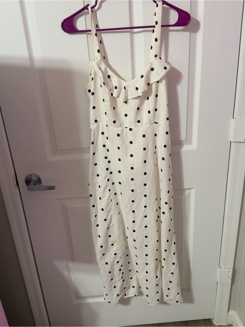 Polka Dot Cream Midi Dress with Ruffle Neckline